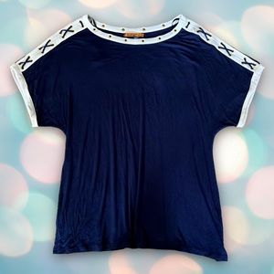 Belldini Women’s Blue Plus Size Criss Cross Stretchy Blouse Top Size 1X